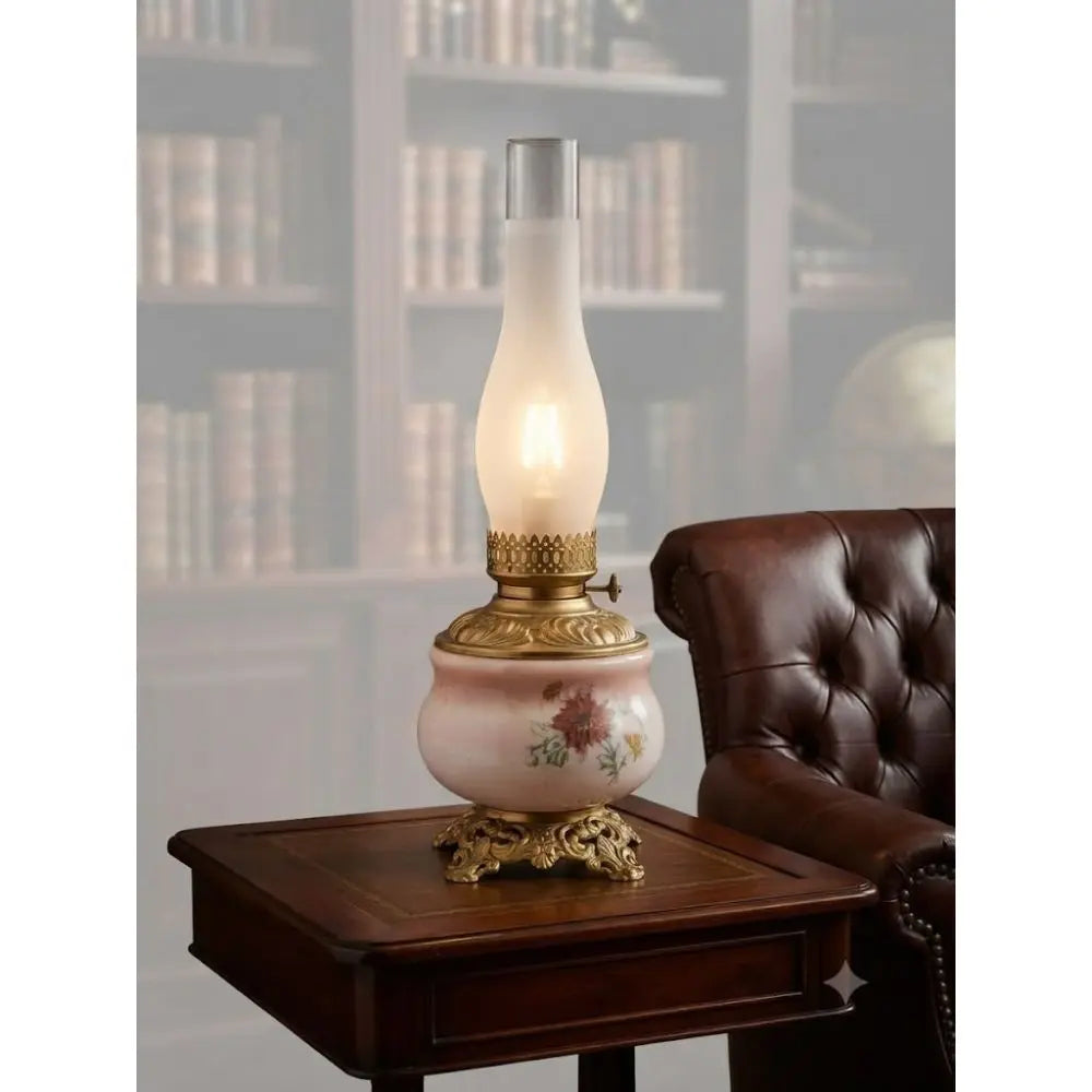 Vintage Floral Oil Lamp , Beautifully Converted to Electric Table Lamp, Antique Style Hand-Painted Floral